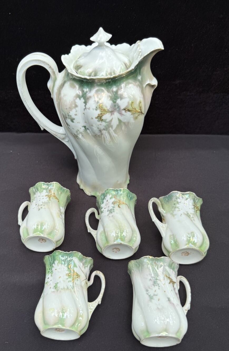 Antique RS Prussia Chocolate Pot Set Cups Floral Porcelain Pot & Cups